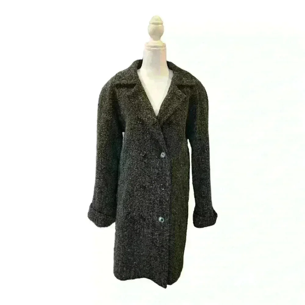 Sandro Vintage Double Breasted Wool Blend Knee Length Coat Black/Gray Size 14